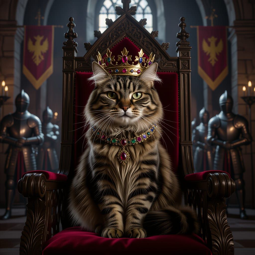 Regal Medieval Cat on Throne in Castle