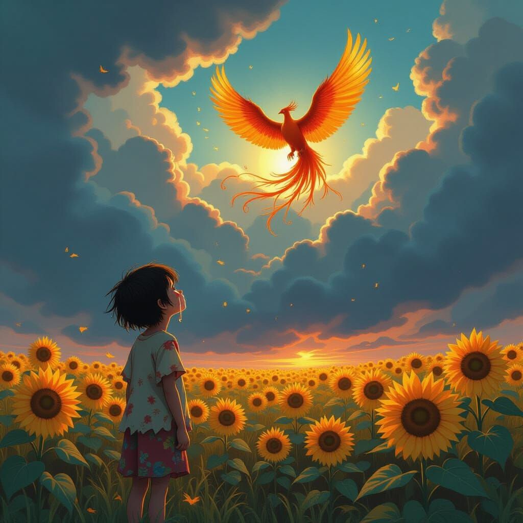 Phoenix Rising Over Sunflower Field in Dreamlike Style