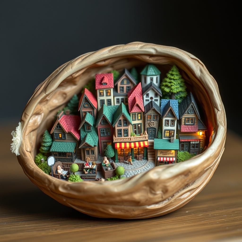 Miniature Village on Walnut Shell: Digital Art