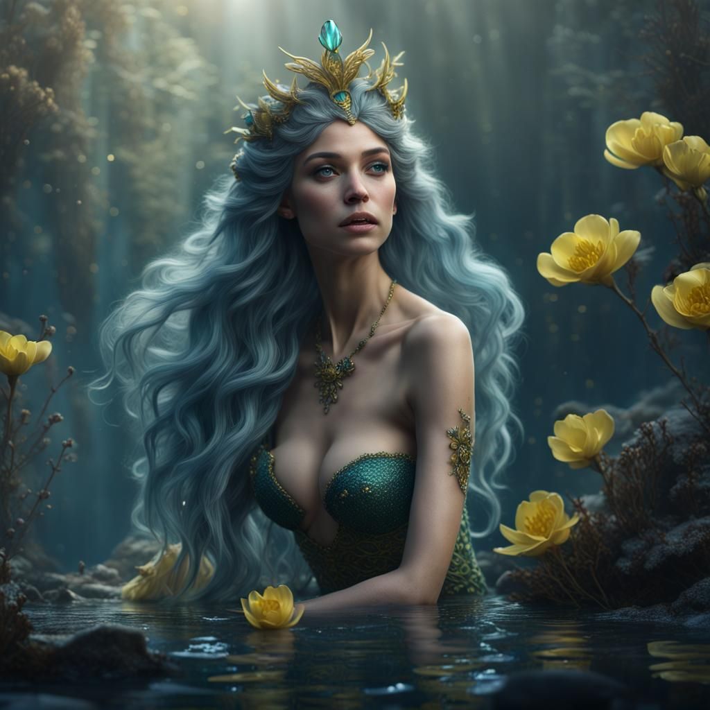 Hyperrealistic Mermaid with Winter Aconite Tiara