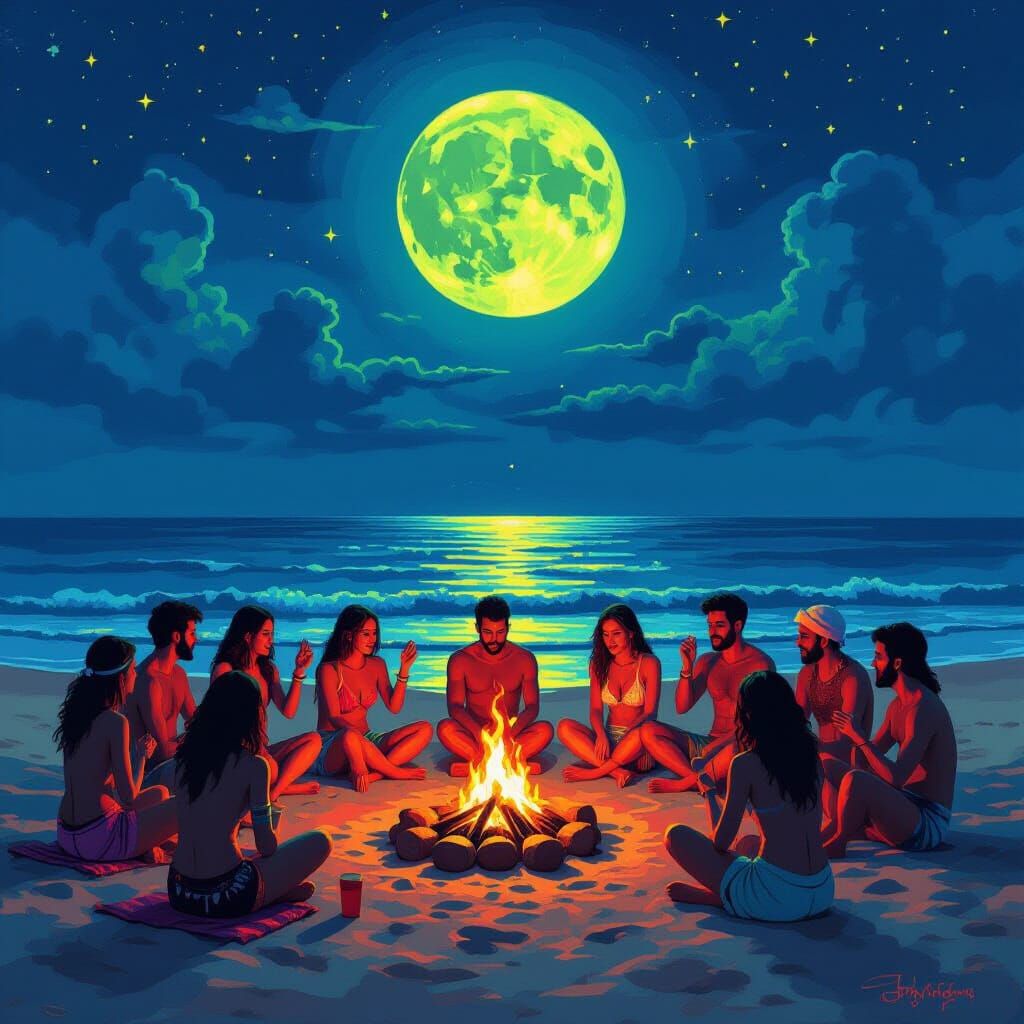 Vivid Pixel Art Beach Party Under Full Moon