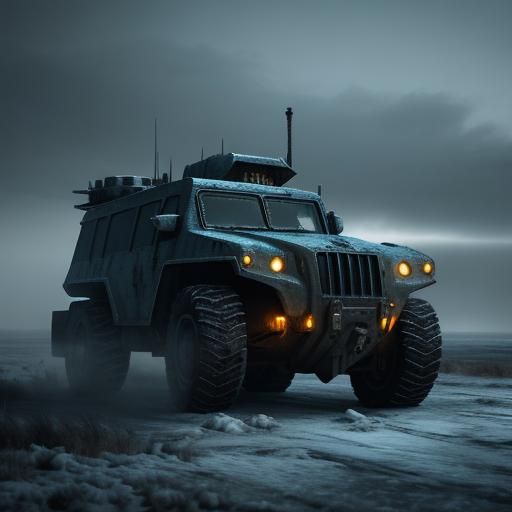 Icy Nomad Drives Armored Car in Barren Landscape