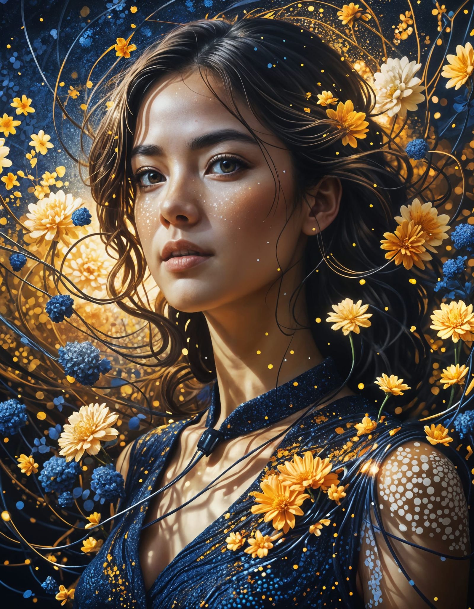 Hyperpointillist Portrait: Flowers and Technology