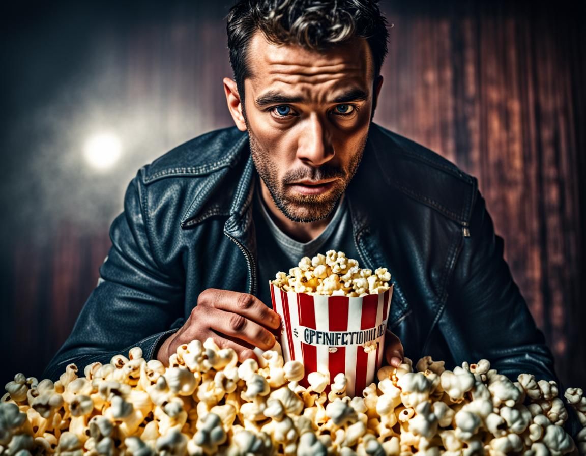 Man Eating Popcorn in Hyperrealistic Detail