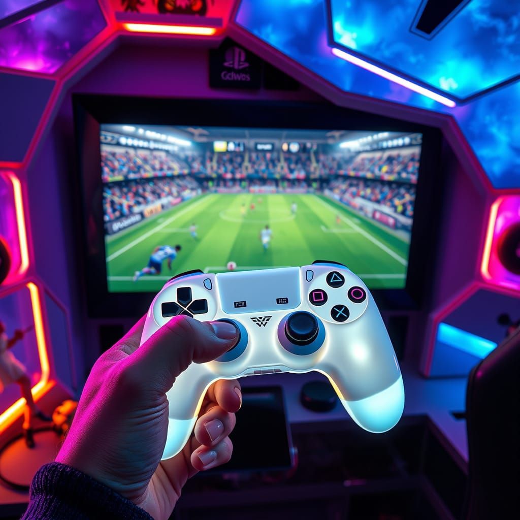 Futuristic Gaming Setup with Neon PlayStation Controller