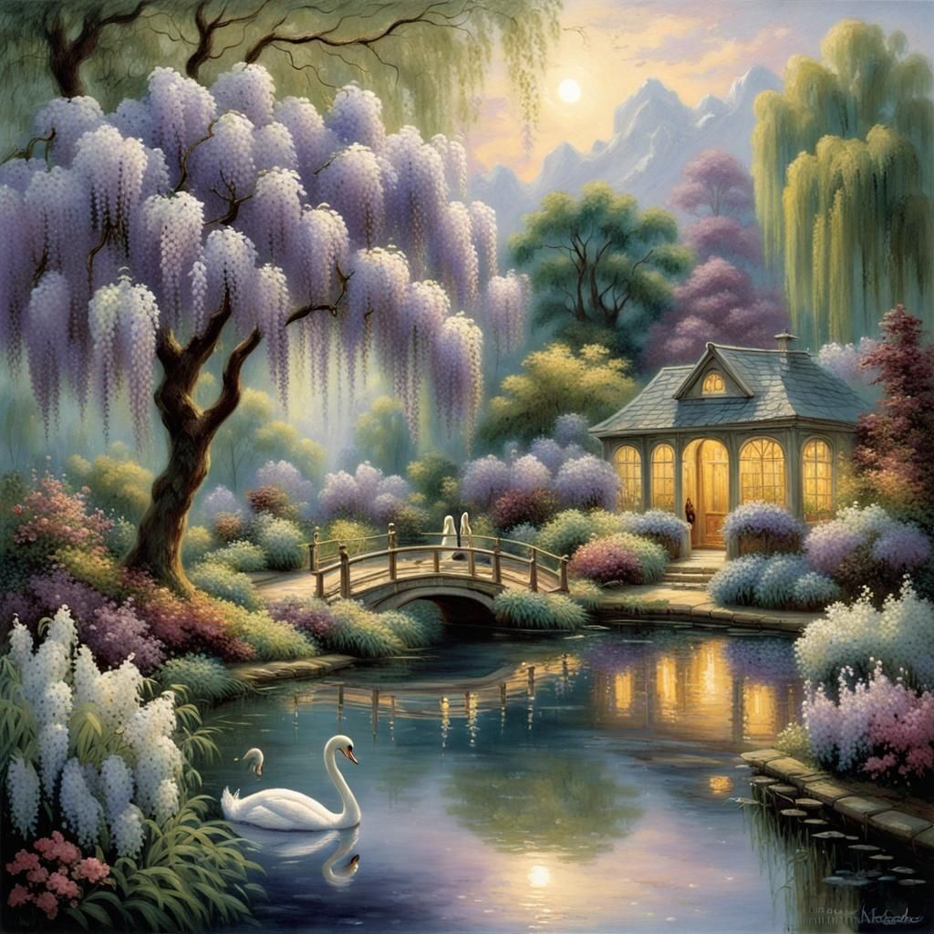 Moonlight Garden with Swan in Kinkade Style