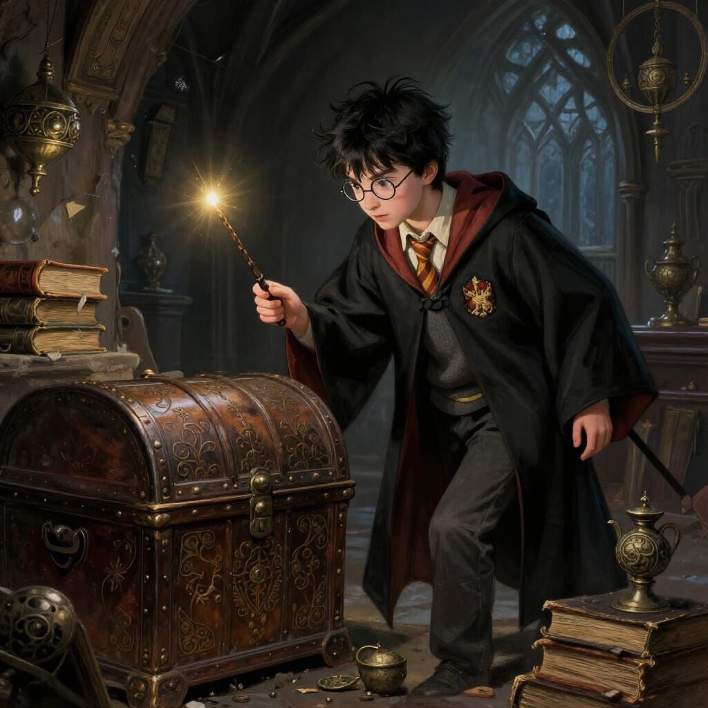 Young Wizard Approaches Mysterious Ornate Chest