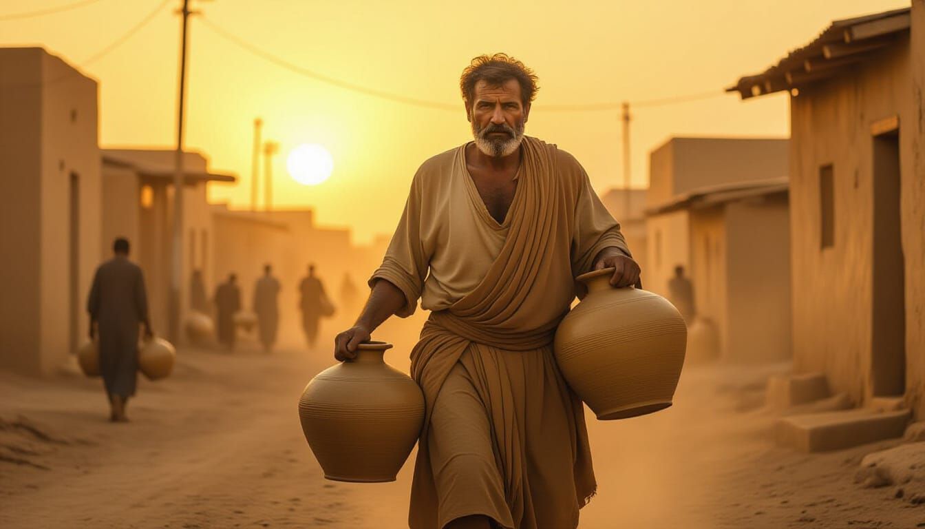 Labourer with Water Jars at Golden Sunset, Painterly Style