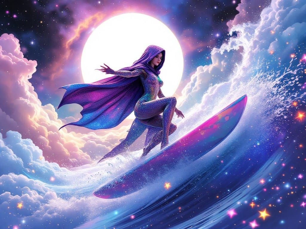 Cosmic Goddess Surfer in Vibrant Outer Space