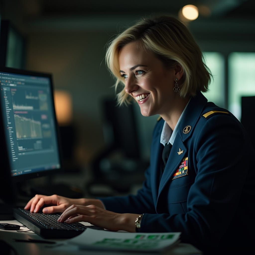 Woman in Military Business Attire Focused on Air Force Data....