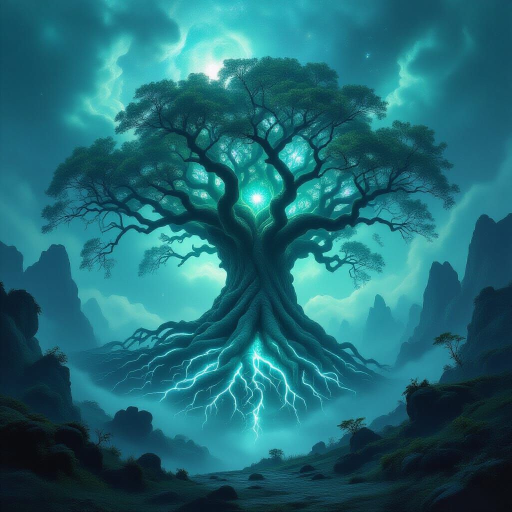 Ancient Tree with Bioluminescent Roots in Nebula Sky