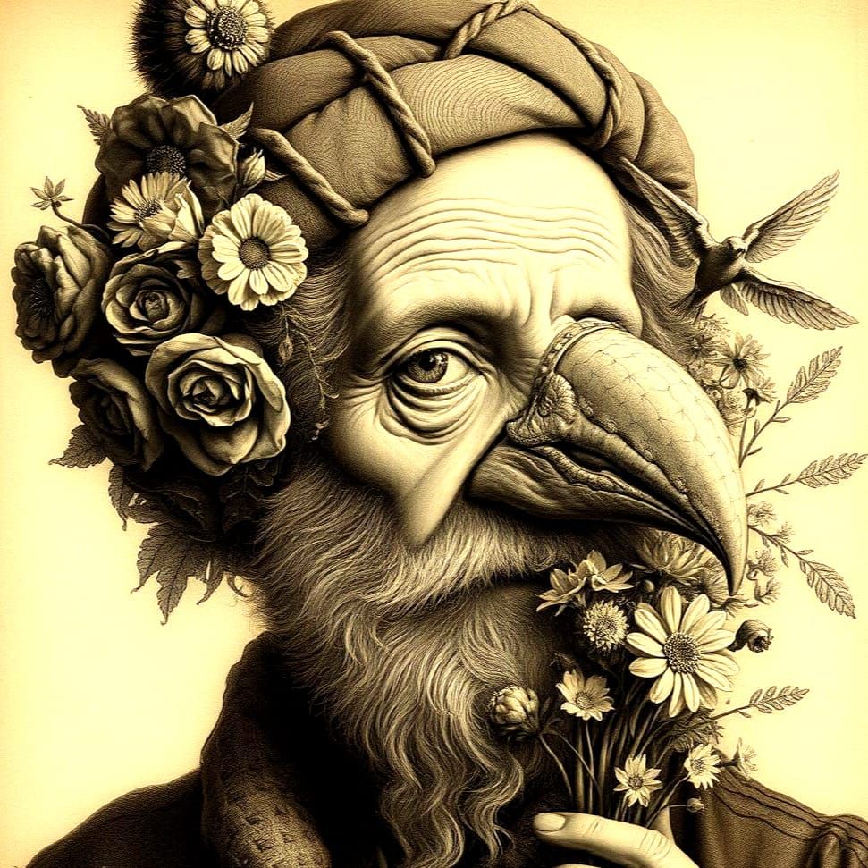 Surreal Sepia Etching of Beaked Grandfather in Rembrandt Sty...