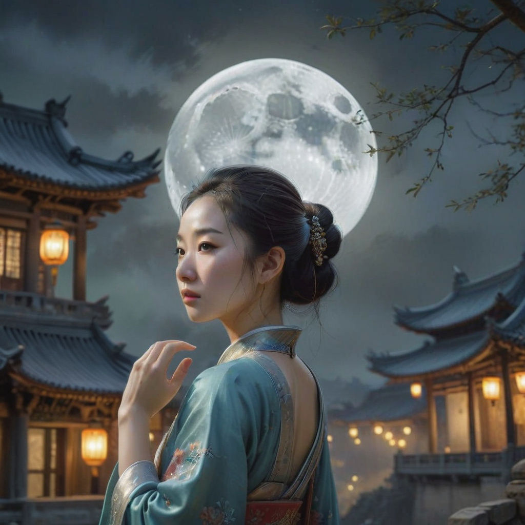 Qing Dynasty Maiden Gazing at Moonlit Village