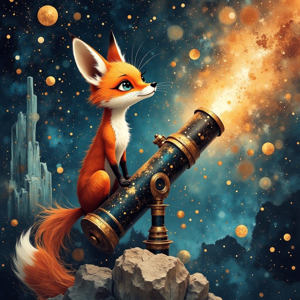 Whimsical Astronomer Fox Gazing at Cosmos