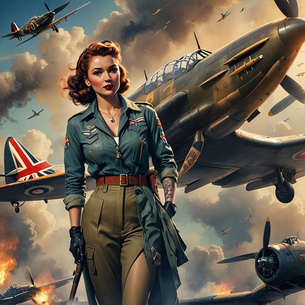 WW2 Pinup Pilot with Spitfire in Matte Painting Style