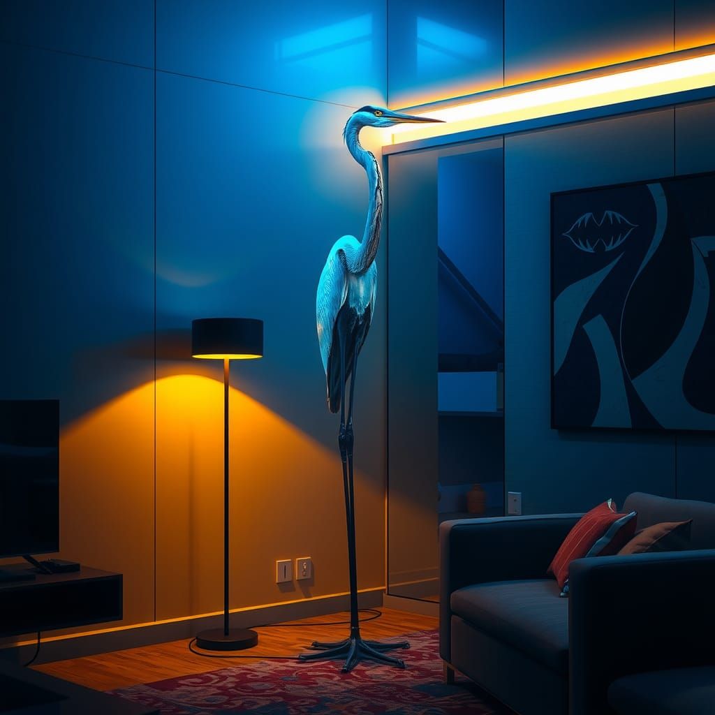 Blue Heron Lamp in Edgy Apartment, Hyperrealistic Photo