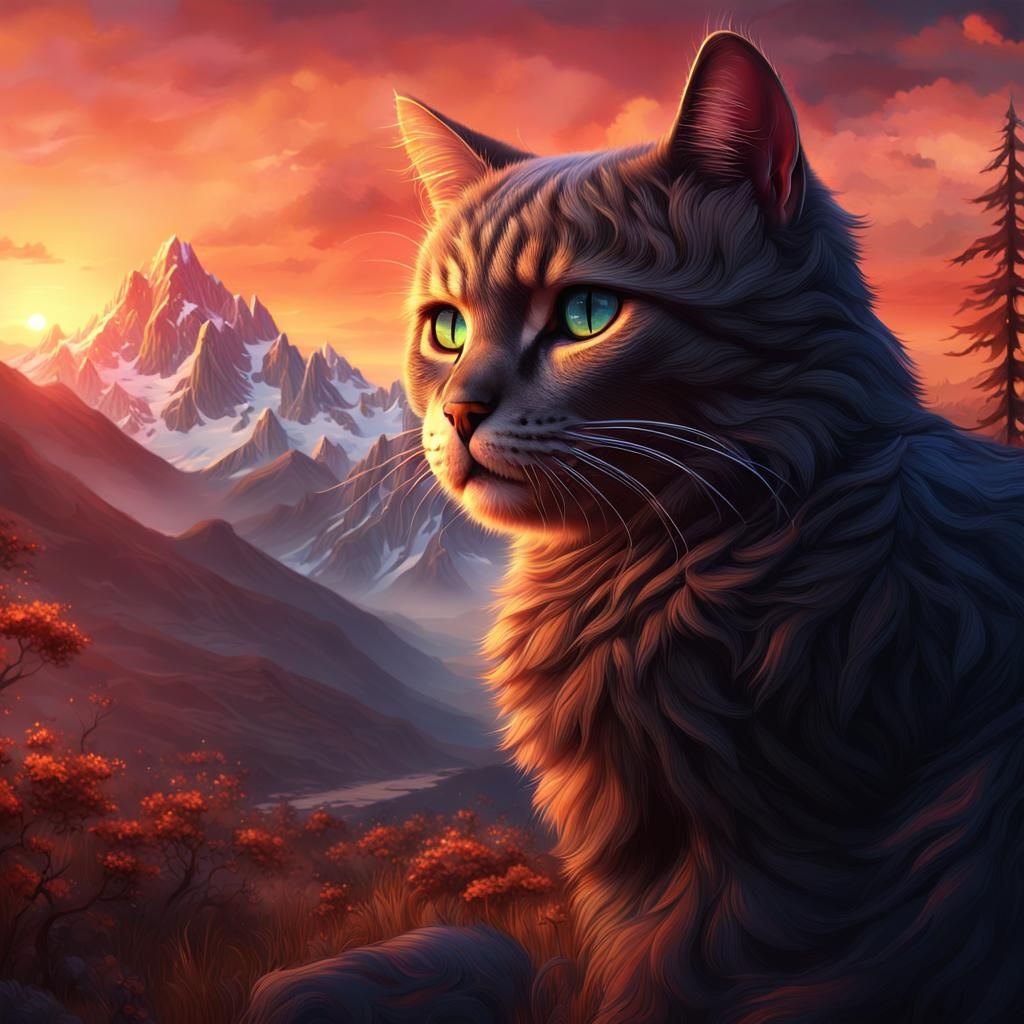 Cat and Mountain Sunset: Fantasy Art