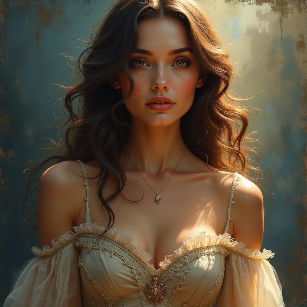 Elegant Woman in Golden Light, Oil Painting Style