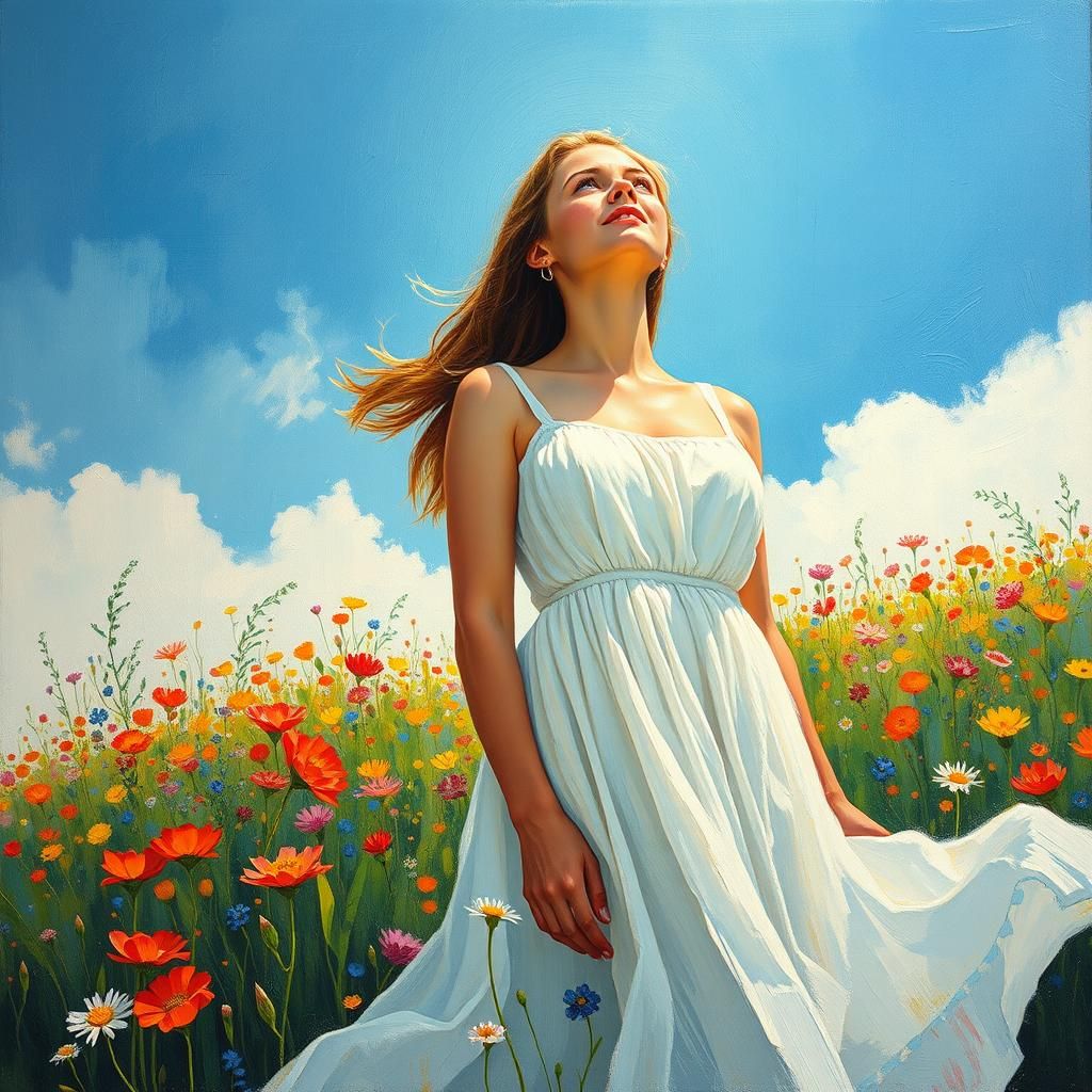 Woman in Wildflowers: Impressionist Acrylic Painting