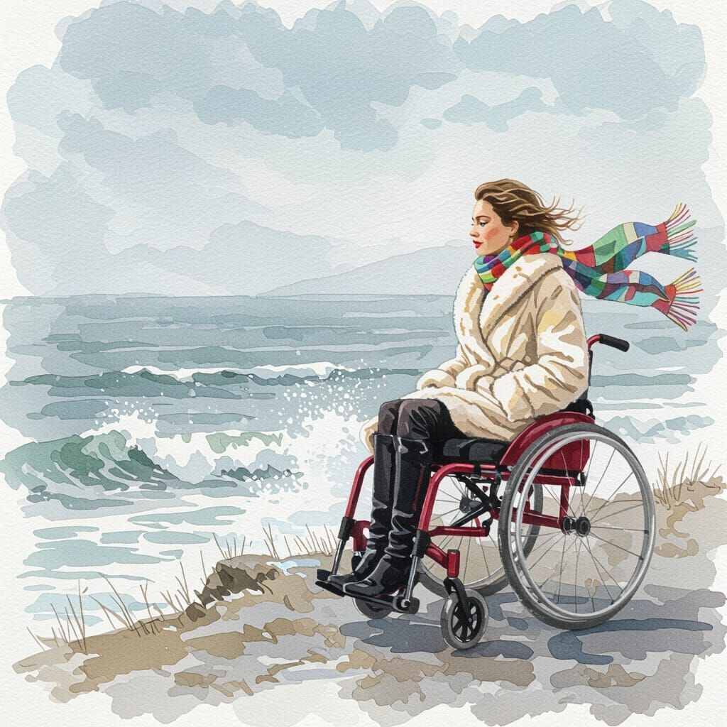 Woman in Crimson Wheelchair by Winter Sea