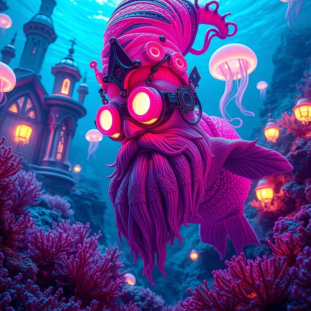 Giger-Inspired DMT Gnome Mermaid in Neon Coral Reef