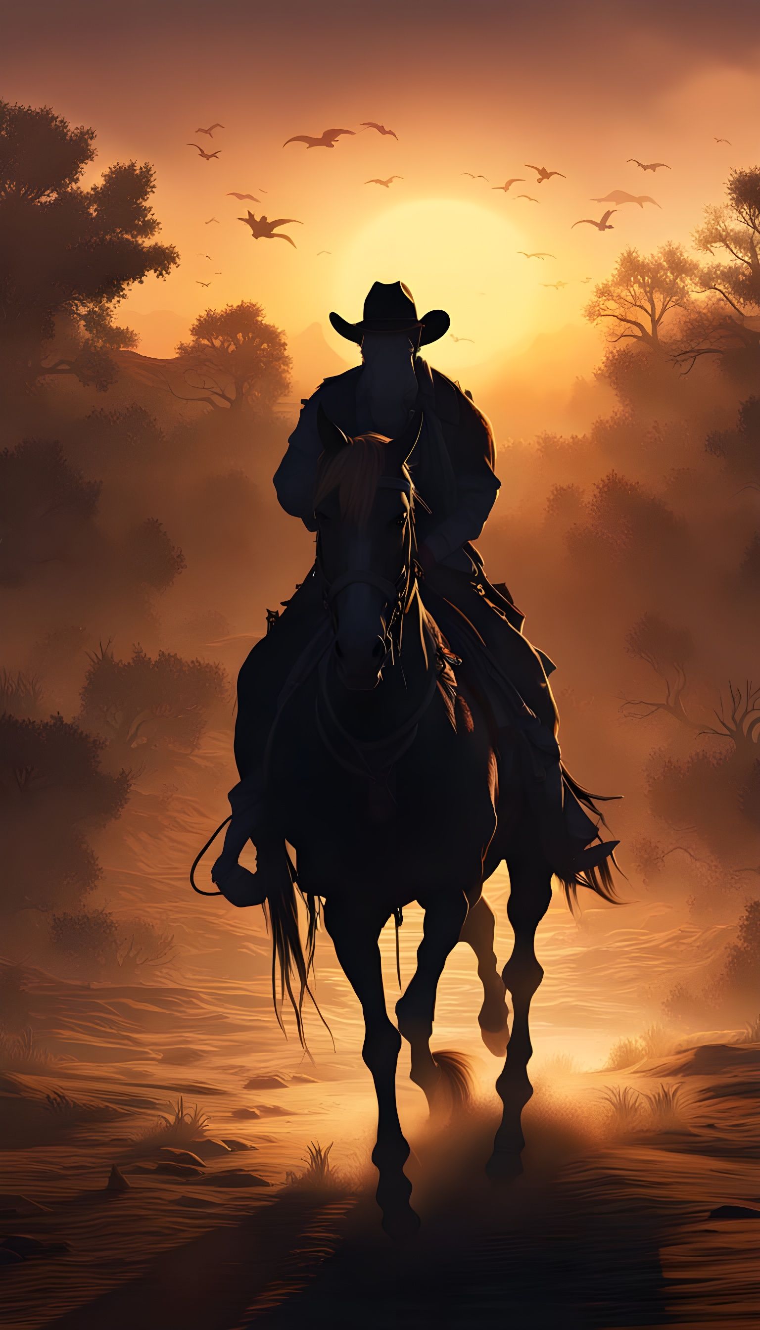 Majestic Sunset Cowboy Rides into the Horizon