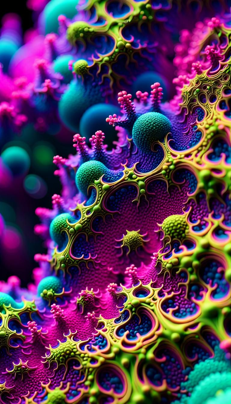 Neon Fractal Landscape: Prebiotic to Biotic Transition