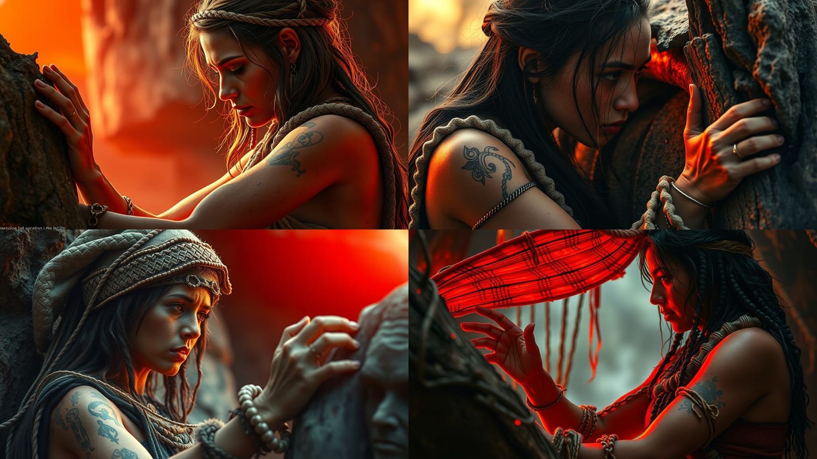 Paleolithic Woman Cautiously Reaches for Flickering Flames i...