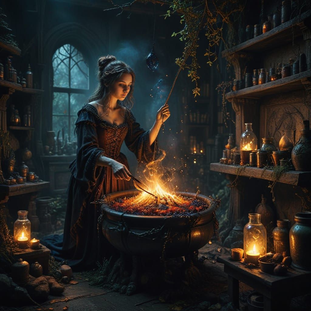 Sorceress in a Whimsical Baroque Chamber
