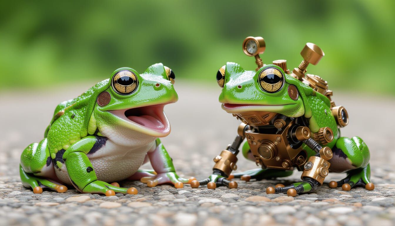 Surprised Frog Meets Steampunk Robot Frog