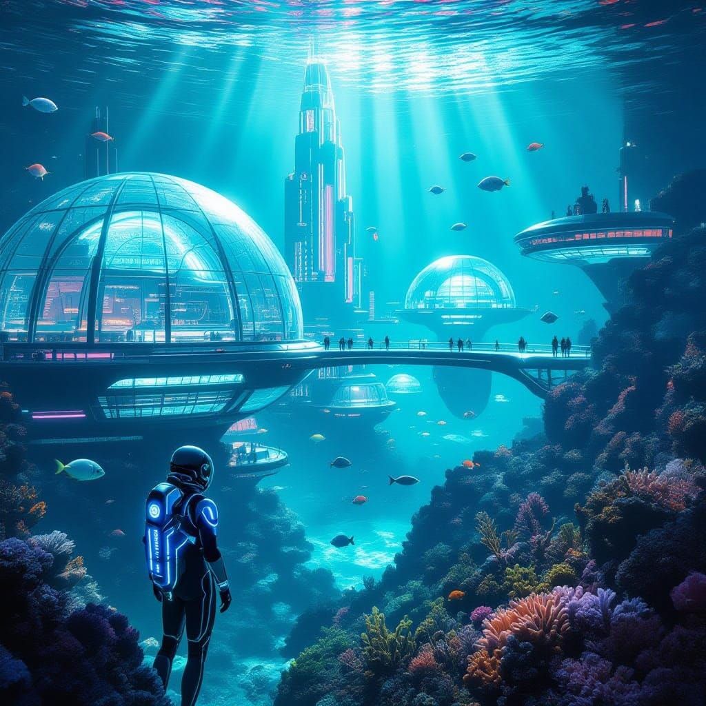 Futuristic Underwater City with Neon Lights and Coral