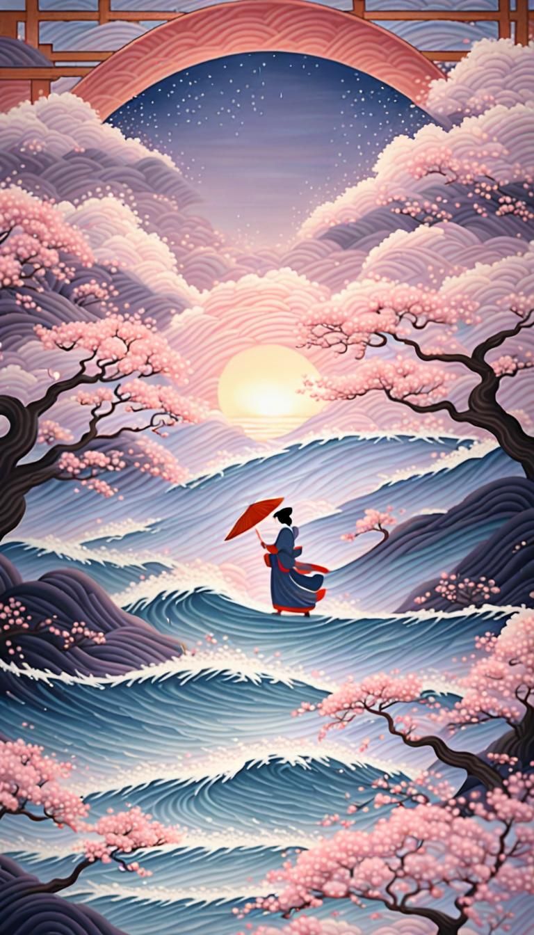 Geisha with Sword in Cherry Blossoms: Ukiyo-e Style