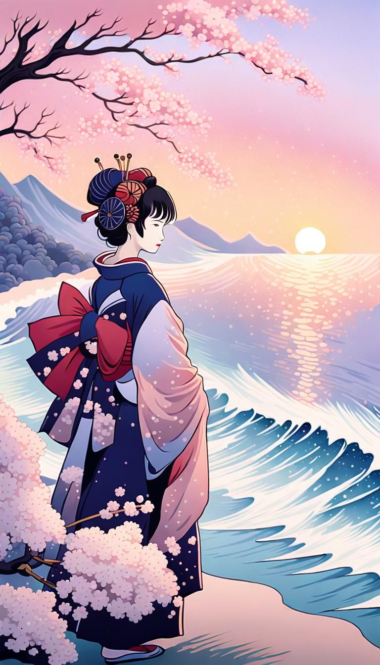 Geisha with Sword in Ukiyo-e Style Cherry Garden