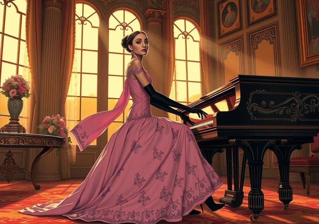 Elegant Woman in Pink Gown Plays Piano