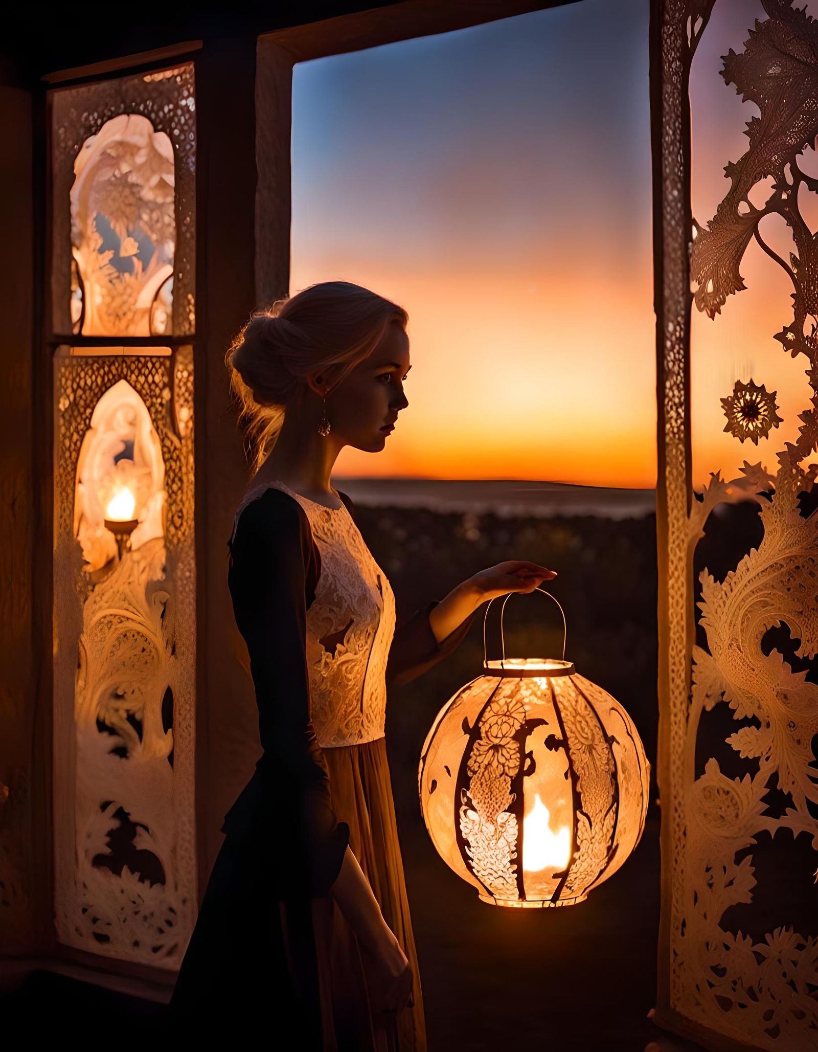 Glowing Ice on Fire Lantern in Fairytale Setting