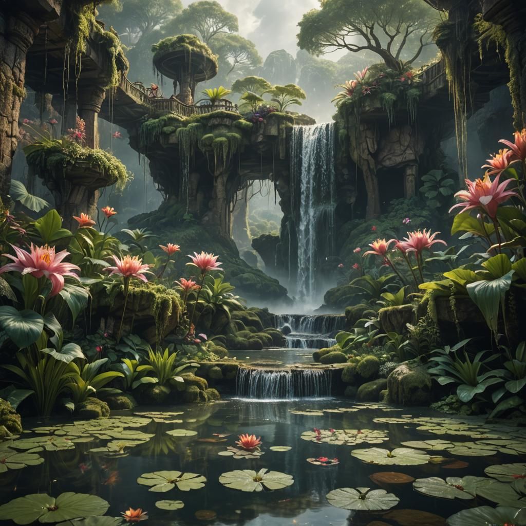 Mystic Waterfall Lily Pond: Digital Matte Painting