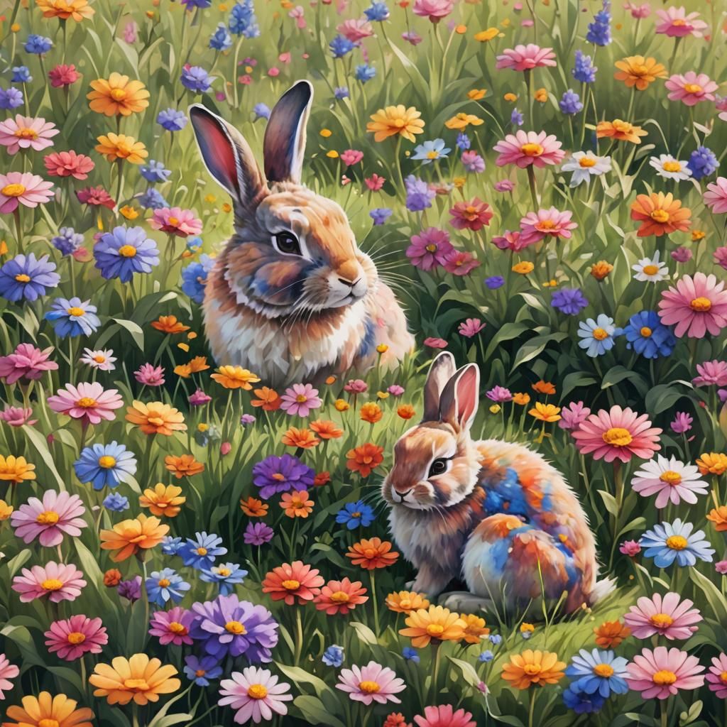 Colorful Bunnies in Flower Field: Watercolor Art