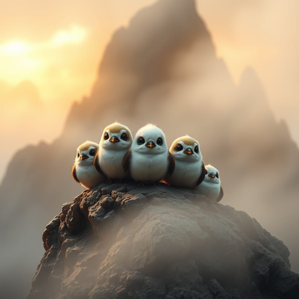Enchanted Porgs Perch on Ahch-To's Rocky Shores in Whimsical...