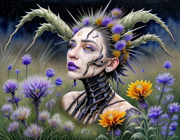 Surreal Thistle Meadow in Moonlight: Digital Horror Art