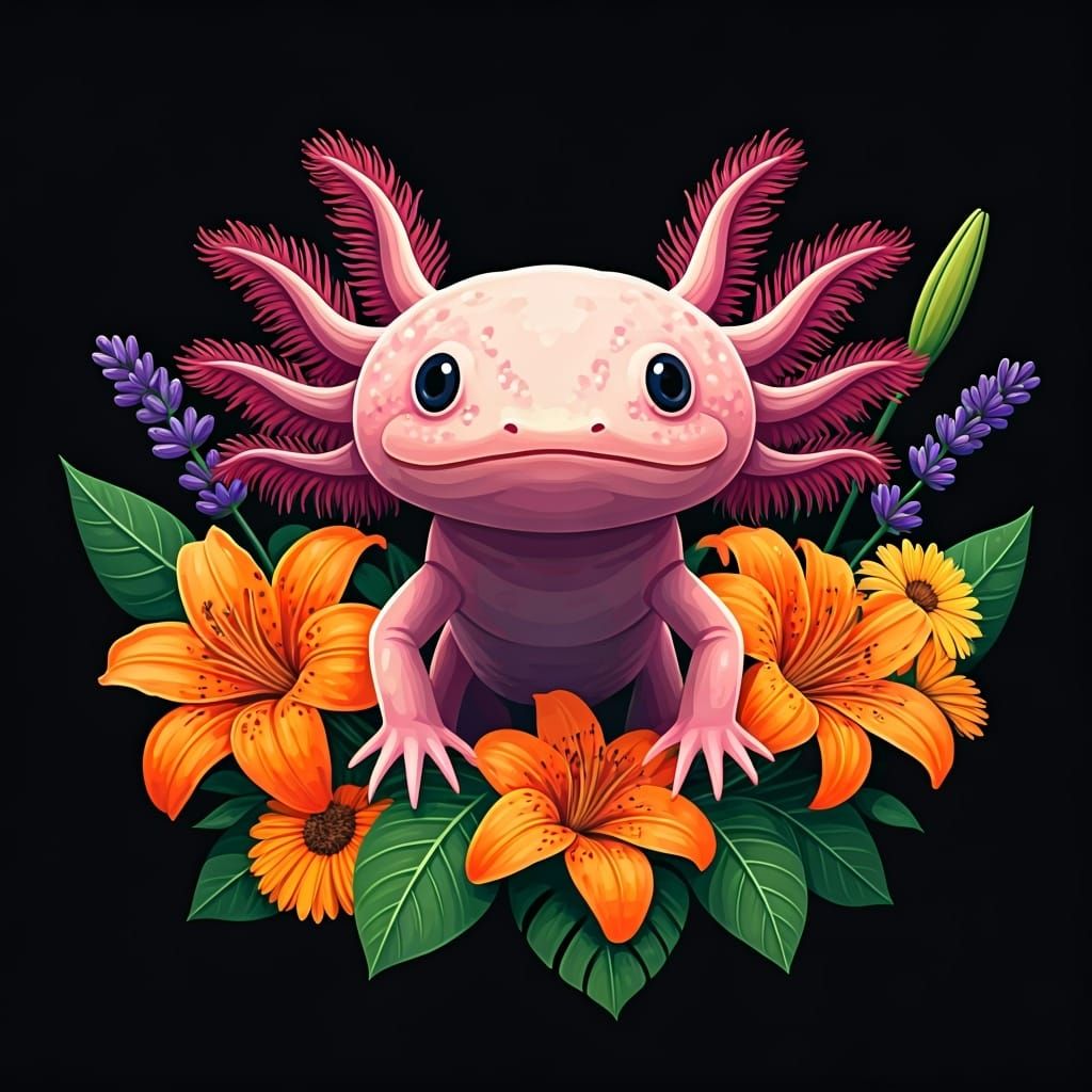 Enchanting Pink Axolotl in Floral Fantasy Illustration