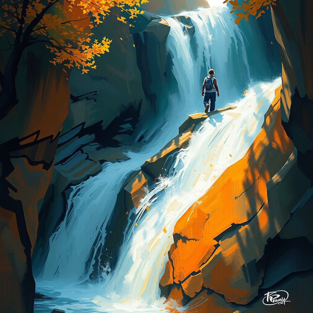 Abstract Cubist Waterfall Pathway in Autumn