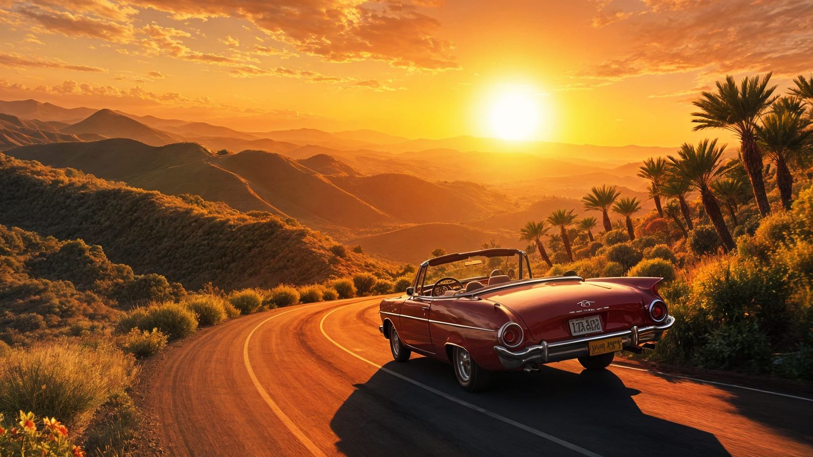 Vibrant Sunset Road Trip in Detailed Painting Style