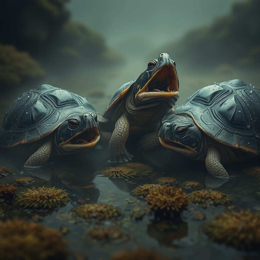 Mysterious Snapping Turtles in a Dreamlike Aquatic Landscape