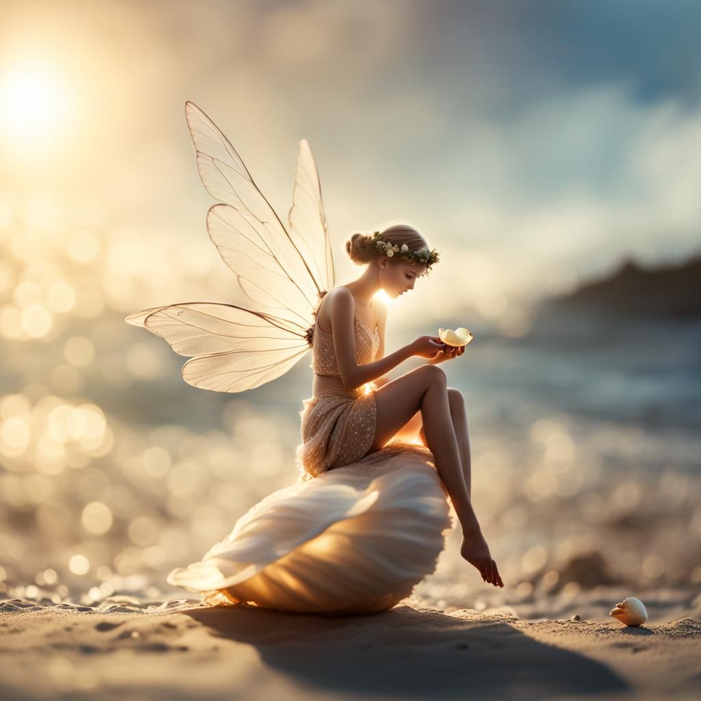 Ethereal Fairy Holding Seashell in Morning Light
