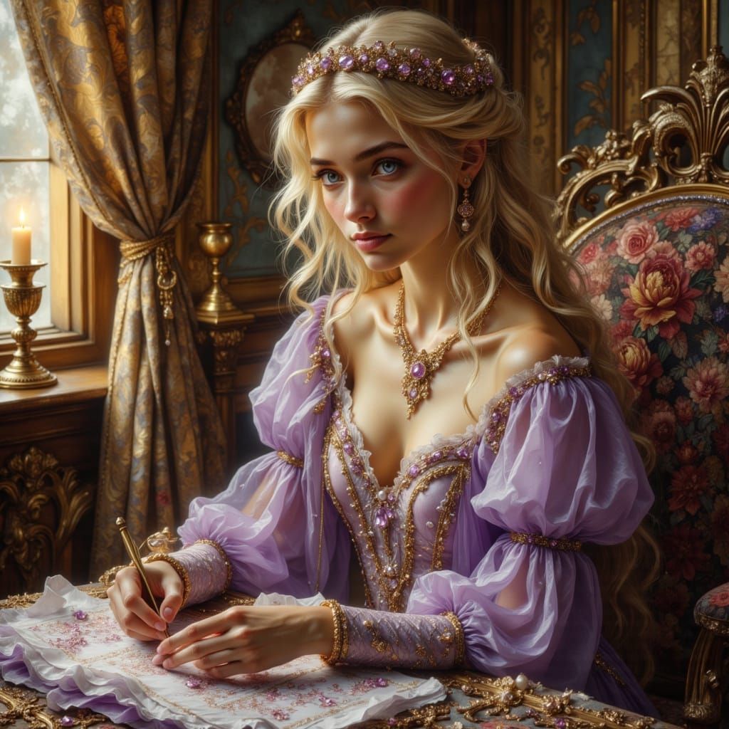 Princess Sewing Tapestry in Art Nouveau Style