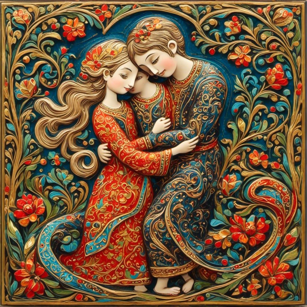 Lovers Embrace in Palekh Miniature Style