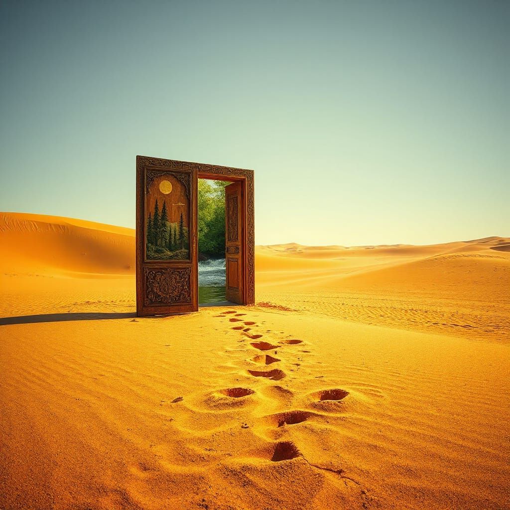 Ornate Door in Desert, Pre-Raphaelite Style