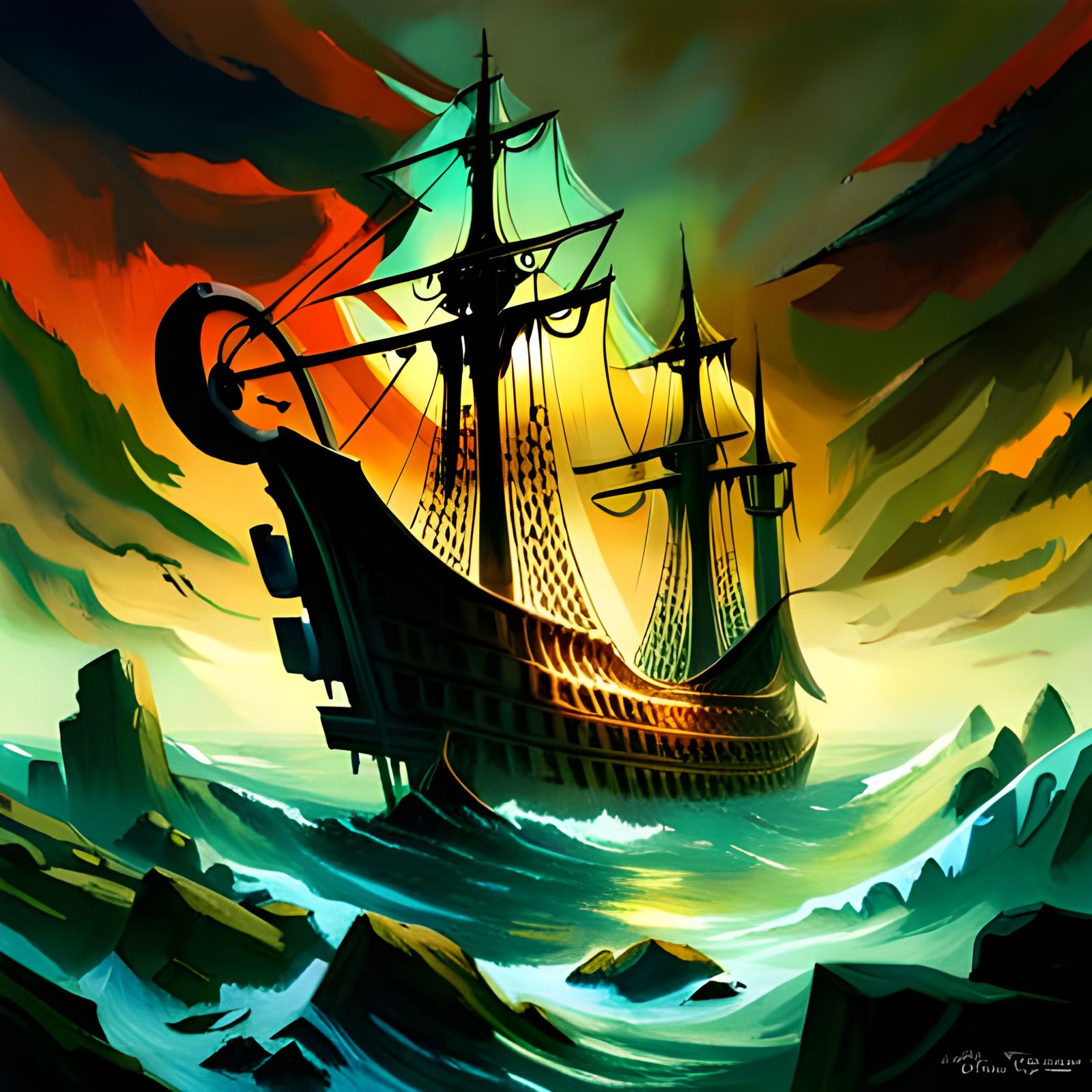 Eerie Pirate Ghost Ship Fantasy Painting