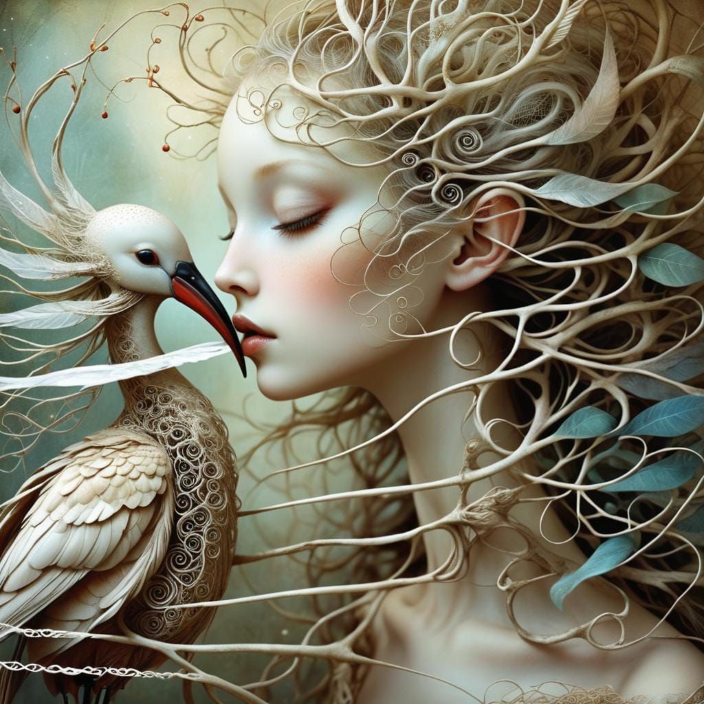 Elven Child and Ibis in Fantasy Forest, Digital Art