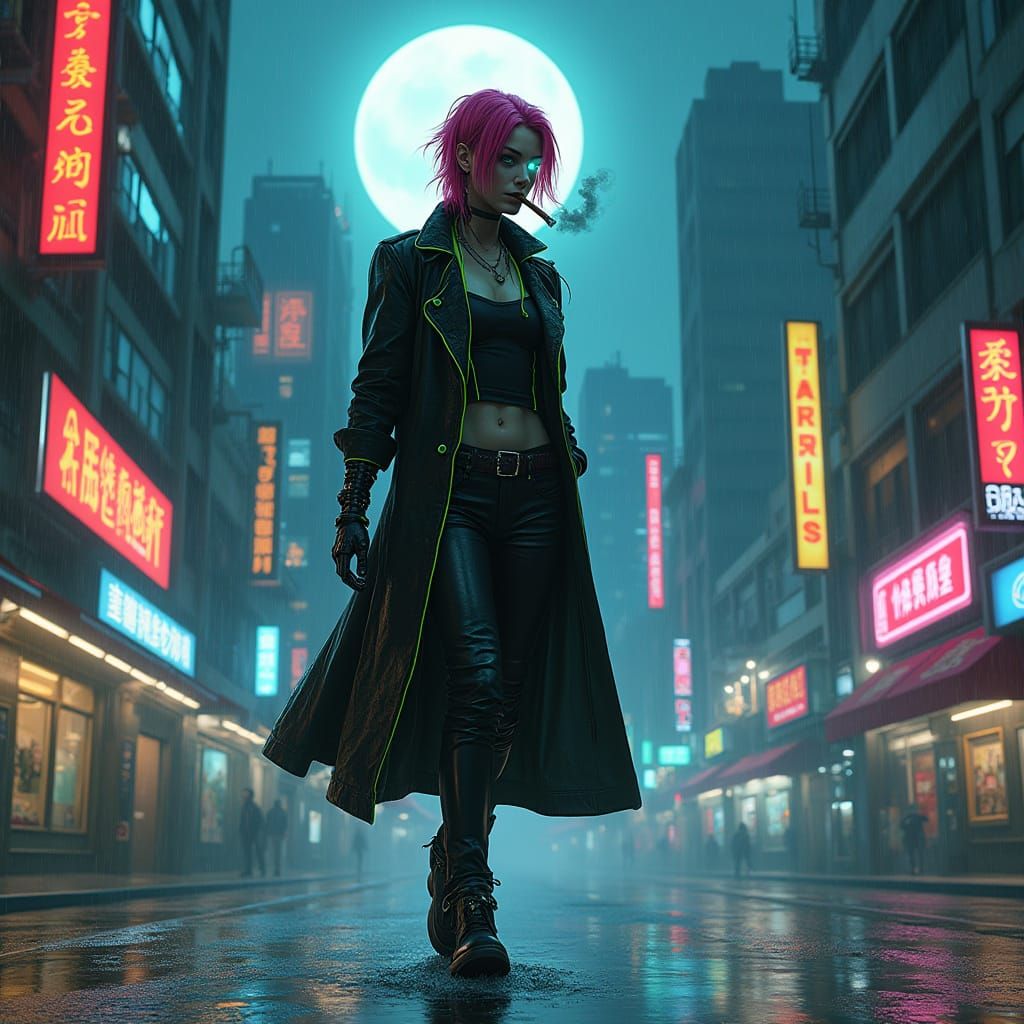 Cyberpunk Android Detective Walks Rainy City Streets at Nigh...